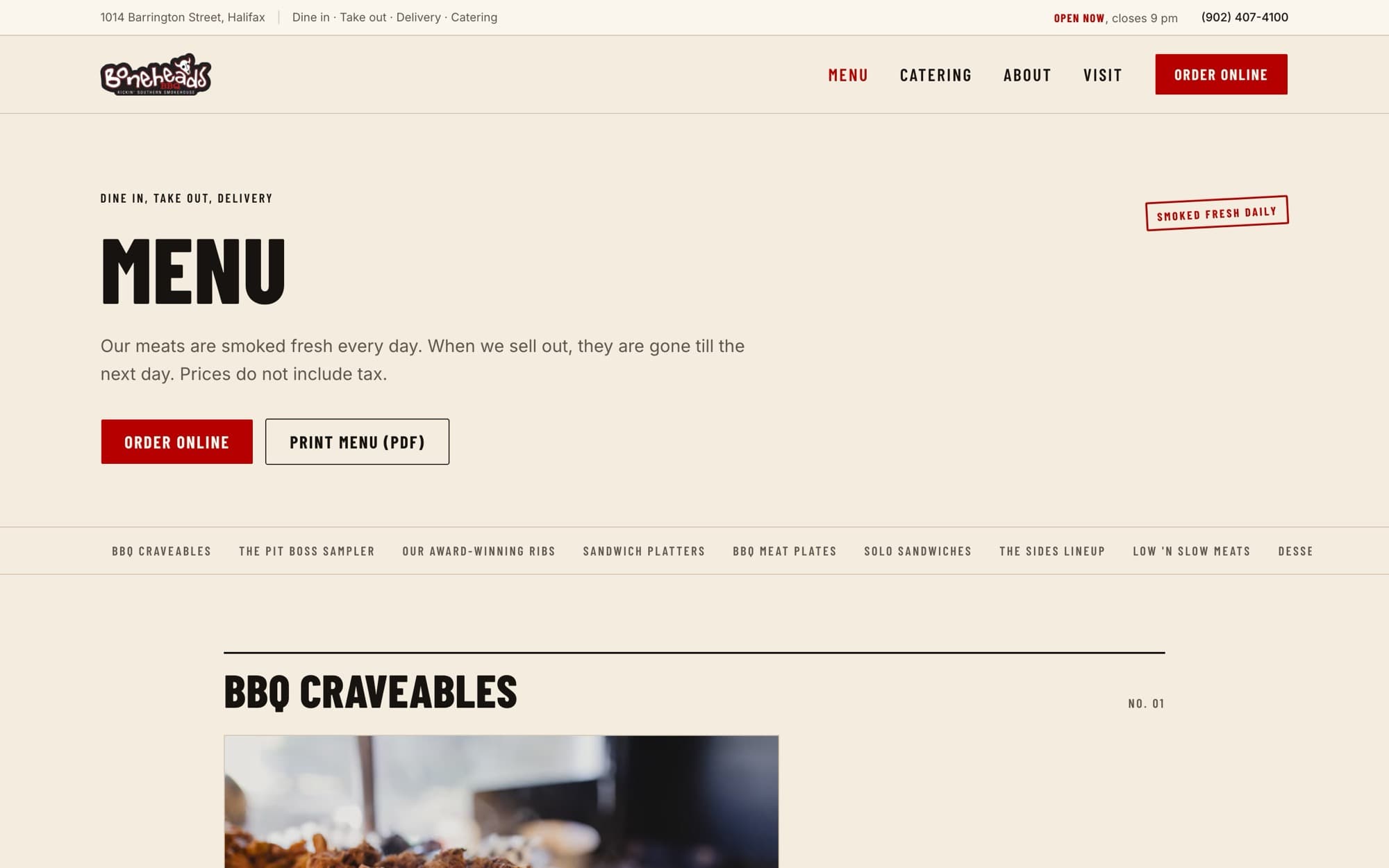 The new menu page: a Menu heading, Order Online and Print Menu buttons, and a section rail listing BBQ Craveables, the Pit Boss Sampler, ribs, sandwich platters, and more