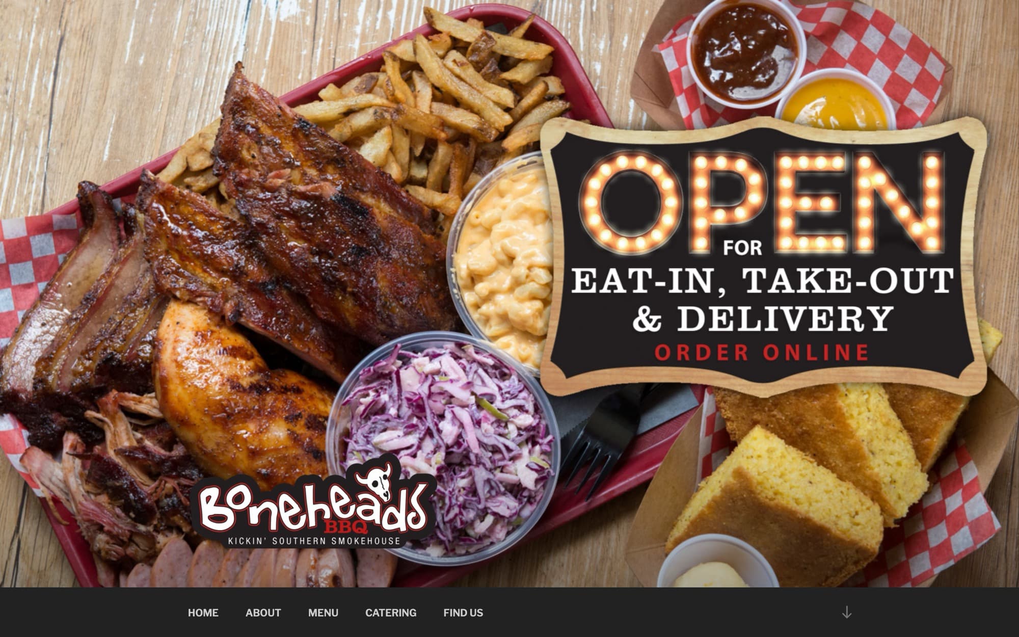 The old lickthebone.com home page: a full-screen photo of a food tray with an Open for Eat-in, Take-out and Delivery sign pasted over it