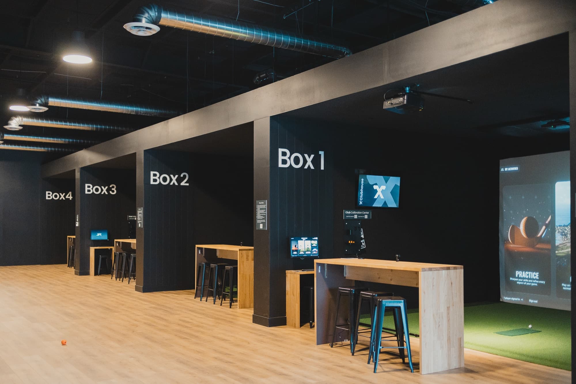 Clubhouse 24/7 simulator bays, Box 1 through Box 4