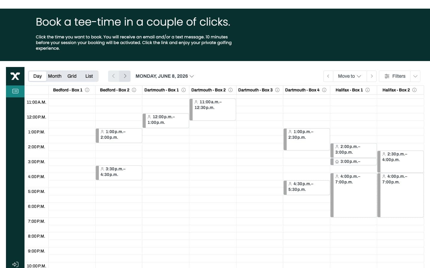 Clubhouse 24/7 live booking engine, a tee-time calendar across simulator bays